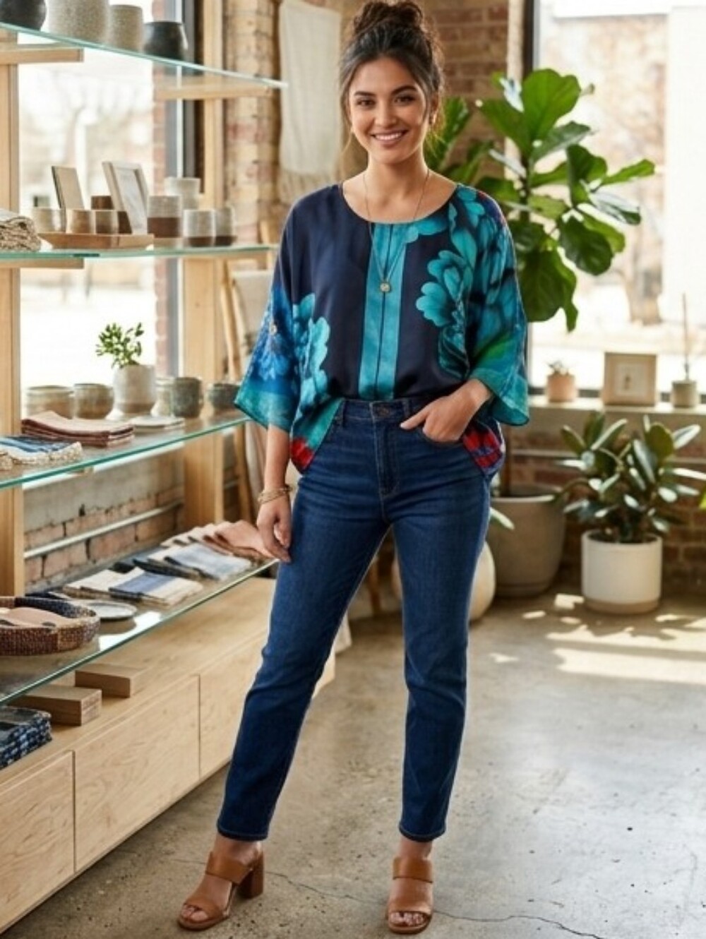 Boho Silk Floral Flowy Top | Elegant Black & Blue Wide Sleeve Blouse OS
